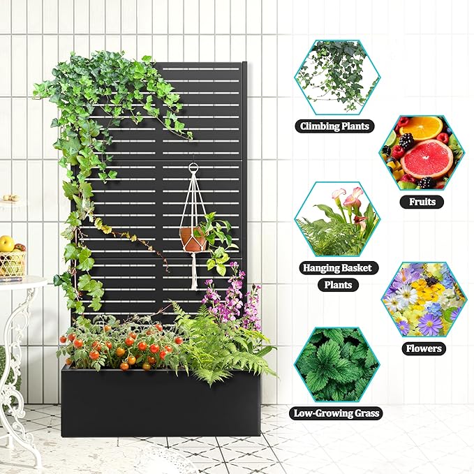 Metal Planter Box with Trellis, Planter Box with Privacy Screen, Privacy Trellis Outdoor for Climbing Plants with Drainage Holes, Raised Garden Bed for Vegetables