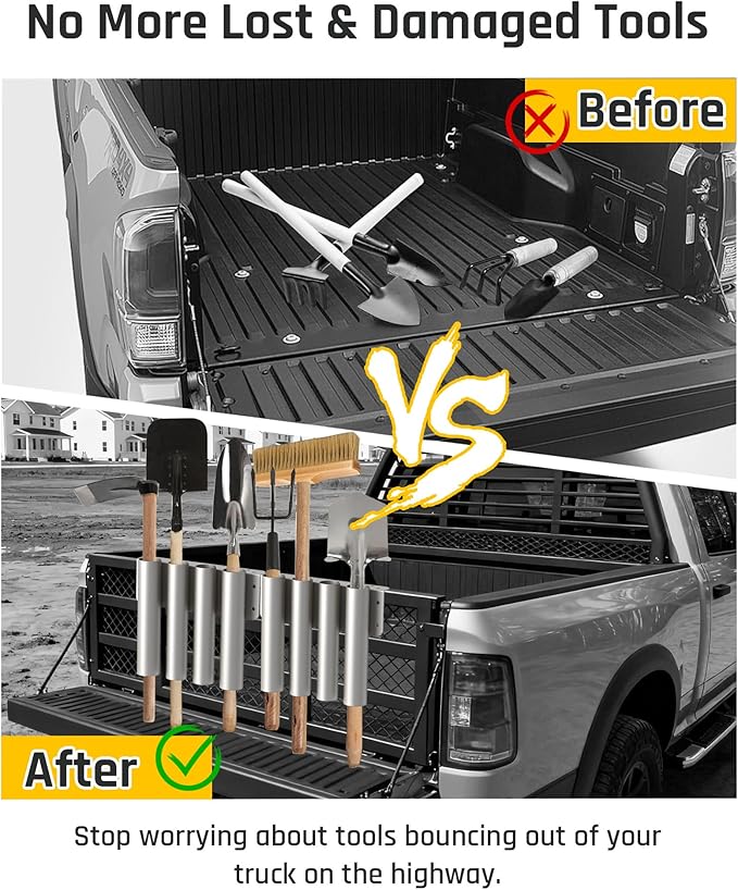 Wyckoff Heavy Duty 8-Hole Shovel Holder for Truck Bed & Trailer, Commercial Grade Steel Rack for Rake & Shovel, Secure Tool Box Mount Prevents Highway Loss for Landscaper, Gardener & Contractor