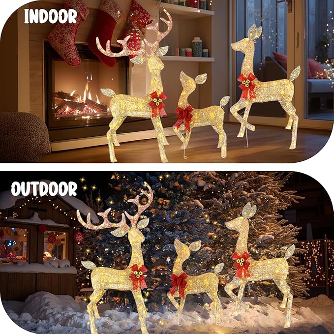 4ft Outdoor Christmas Reindeer Decor Set of 3 with 240 Warm White LEDs, Durable Metal Frame, Weatherproof Plush Fabric for Christmas Home Yard Garden Lawn Decorations, Easy Assembly, Gold