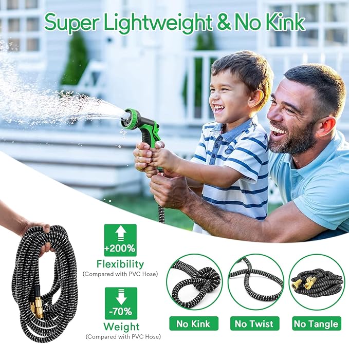 100 ft Expandable Garden Hose, 2025 New No Kink Flexible Water Hose 100ft, 10 Pattern Spray Nozzle, Leakproof Solid Brass Fittings, Reinforced Durable Latex Core, Ultra Lightweight & No Tangle