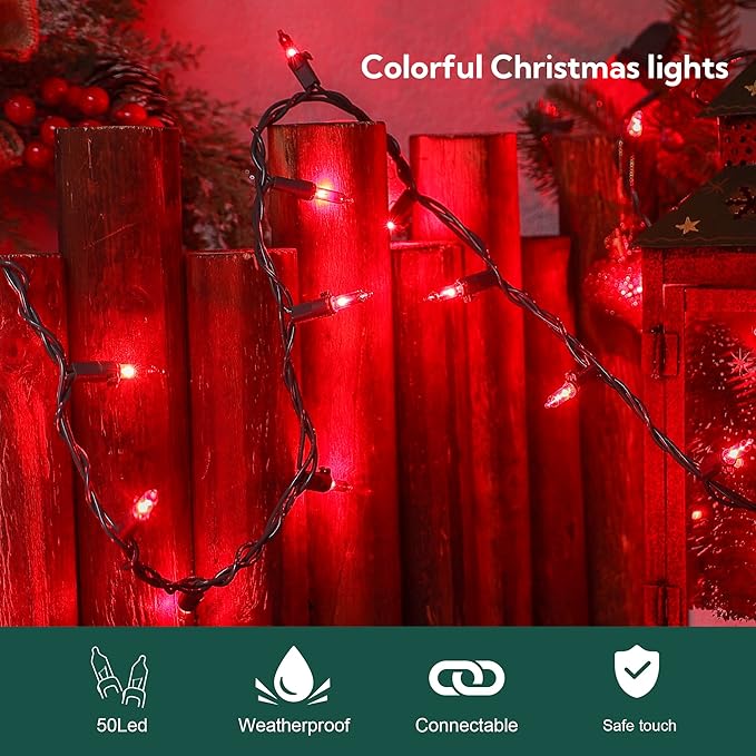 50-Count Red Valentine's Day Lights with Green Wire Waterproof,Mini String Lights for Holiday Decorations, Christmas Tree, Party, Wedding, Xmas, Home, Indoor & Outdoor Use (13ft Long)