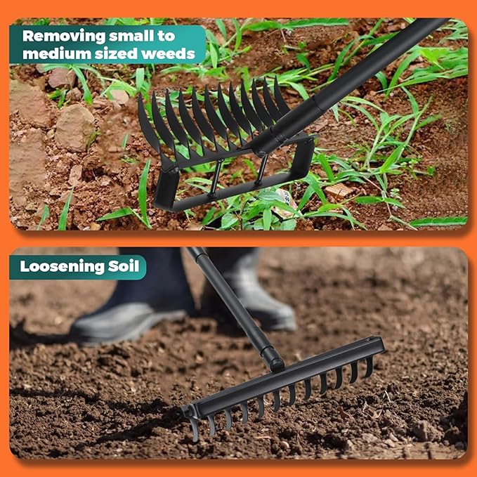 Stirrup Hoe with 76.8" Adjustable Long Handle Hula Hoe Weed Puller Heavy Duty Garden Hoe with 12 Tines Rake 2-in-1 Gardening Tool for Loosening Soil, Gathering Leaves, Weeding