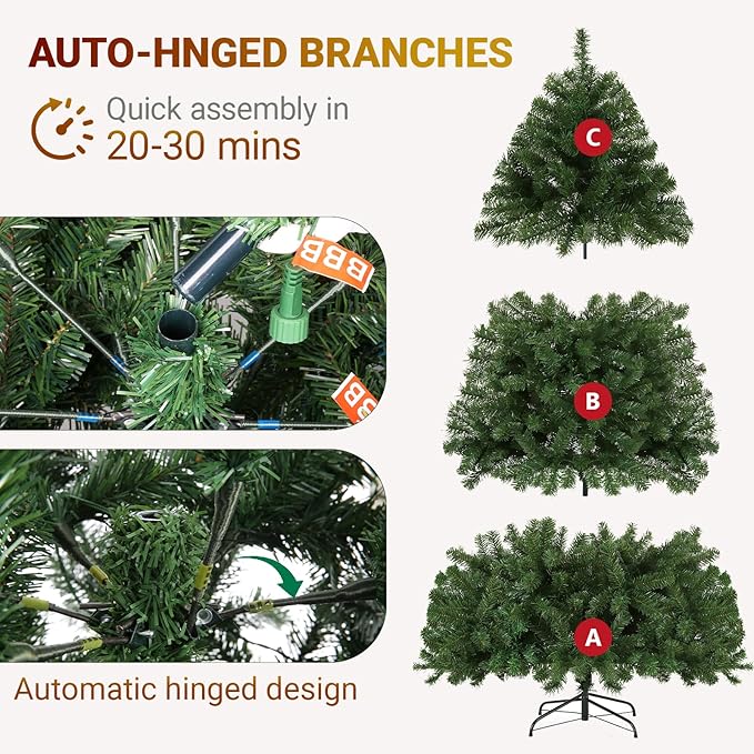 6FT Prelit Green Artificial Christmas Tree with 250 Warm White LED Lights – Full Pre-Lit Holiday Tree for Indoor Home, Living Room, Apartment, Office, Traditional Christmas Decoration