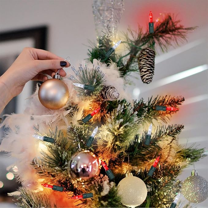 WATERGLIDE 2 Pack 50 LED Outdoor Christmas Lights, 16FT Battery Operated Mini String Lights with 8 Modes & Timer, Xmas Tree Lights Waterproof for Patio Garden Party Wedding Holiday Decor, Red & White