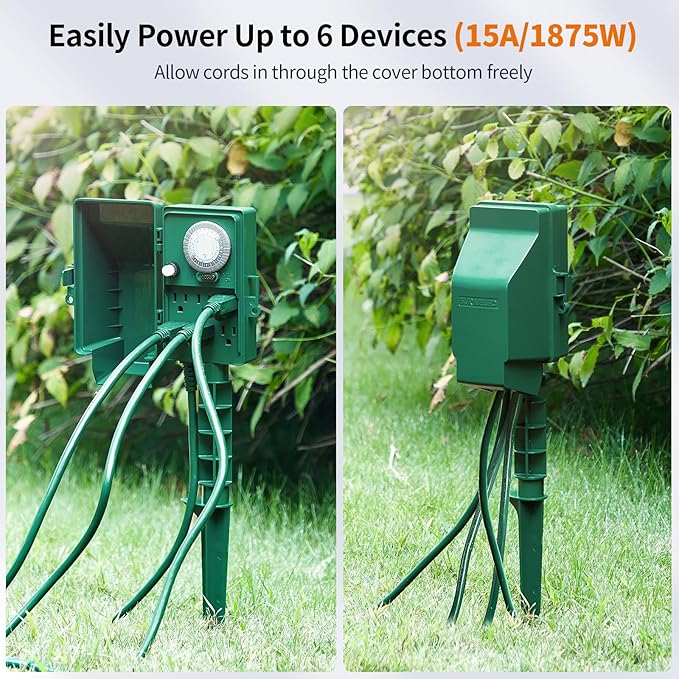 SURAIELEC Outdoor Power Stake Timer, 24-Hour Mechanical Light Timer, Electrical Power Strip Weatherproof, 6FT Extension Cord Multiple Outlet Plug for Patio Lights, Christmas Decorations, ETL Listed