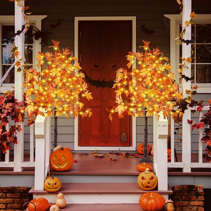 2 Pack 5FT Artificial Lighted Maple Tree, Thanksgiving Decor Artificial Tree with Timer, 200 LED Warm White Light up Fall Maple Tree for Indoor Outdoor Halloween Autumn Home Party Decoration, Orange
