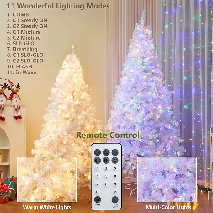 Juegoal 7.5 FT Artificial Christmas Tree (NOT Pre-Strung) with Remote Control, 450 LED Warm White & Multicolor Changing Lights, Fake Xmas Pine Tree with Metal Legs, 1350 Branch Tips, White