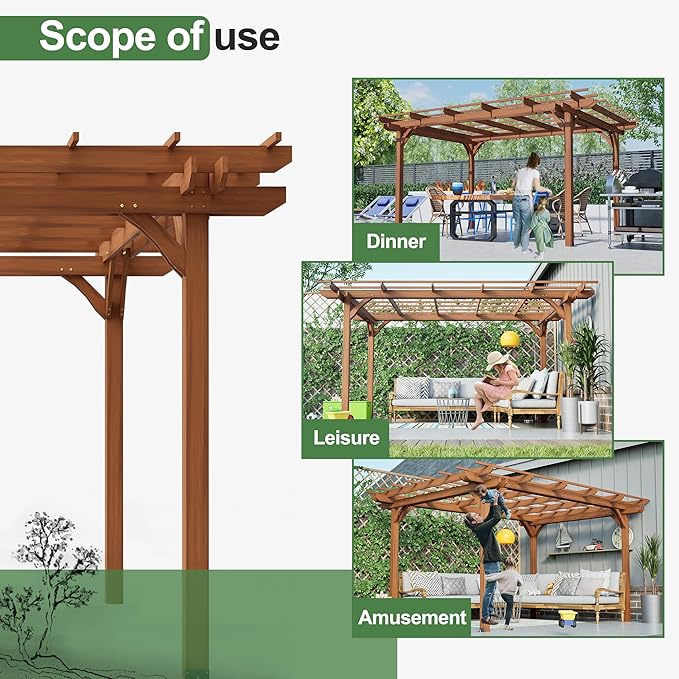 12' x 10' Outdoor Wood Pergola, Wooden Patio Pergola Gazebo Sunshade for Climbing Plant Support, Garden, Patio, Backyard, Deck, Brown