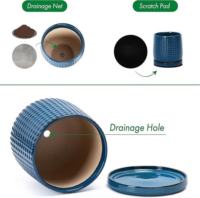 D'vine Dev Set of 2 Ceramic Plants Pots, 6 Inch Beaded Stoneware Flower Pot for Plants with Drainage Hole and Saucer, Midnight Blue, 27-E-X-3