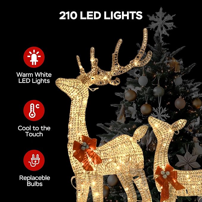 Outdoor Lighted Reindeer Family Christmas Decor, 3-Piece Large Deer (Buck/Doe/Fawn) Holiday Lawn Decorations Set, 210 Warm White LED, Metal & Rattan, Perfect for Yards, Garden