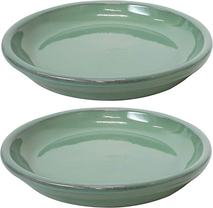 Sunnydaze 7-Inch Ceramic Plant Saucers - Plant Drip Trays for Outdoor Planter Flower Pot Drainage - Set of 2 - Seafoam