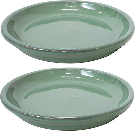 Sunnydaze 7-Inch Ceramic Plant Saucers - Plant Drip Trays for Outdoor Planter Flower Pot Drainage - Set of 2 - Seafoam