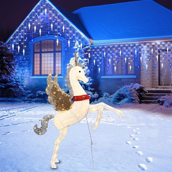 4.7ft Lighted Unicorn Outdoor Christmas Decorations for Yard Lawn Garden, Large 3D Weatherproof Light up Unicorn with 140 LED Lights, Ground Stakes Zip Ties, Outside Indoor