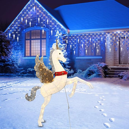 4.7ft Lighted Unicorn Outdoor Christmas Decorations for Yard Lawn Garden, Large 3D Weatherproof Light up Unicorn with 140 LED Lights, Ground Stakes Zip Ties, Outside Indoor