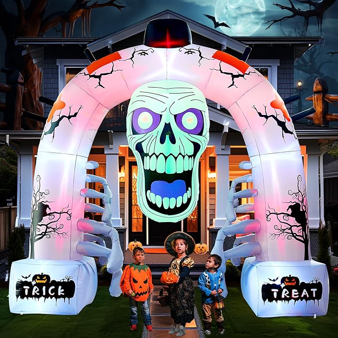 12 FT Halloween Inflatables, Scary Skeleton Archway Halloween Inflatable Outdoor Decoration, Build-in LEDs Spooky Blow Up Yard Halloween Arch for Decor Outside Holiday Party Garden Lawn