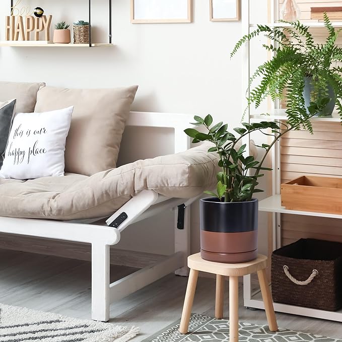 D'vine Dev 4 Inch & 6 Inch & 8 Inch, Set of 3 Round Ceramic Planter Pot with Drainage Hole and Saucer, Black/Speckled Tan, 94-T-M-7