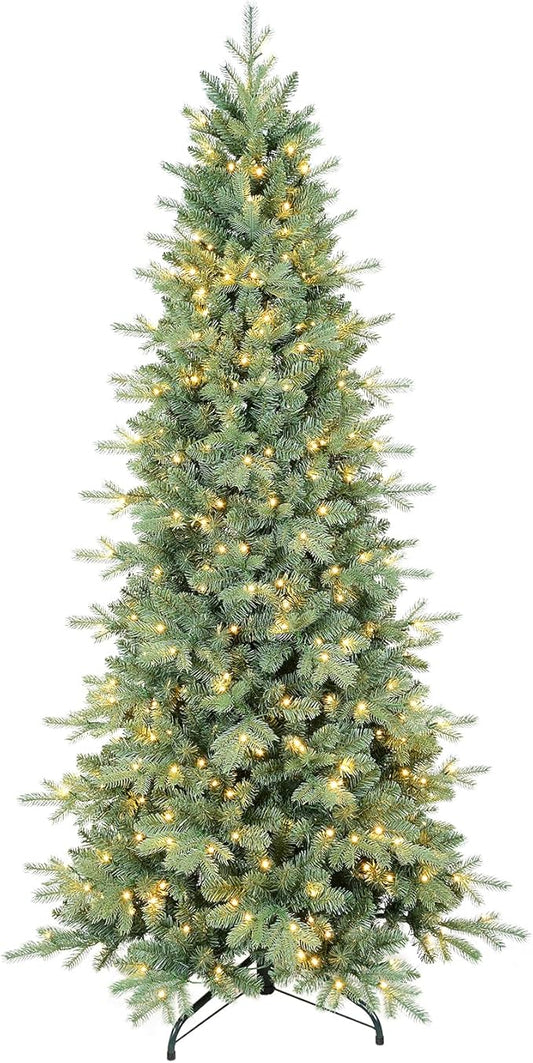 6 FT Prelit Artificial Skinny Christmas Tree,Blue Spruce Slim Pencil Xmas Tree with 1205 PE&PVC Mixed Branch Tips and 300 UL Listed Clear Lights,Hinged Pine Tree with Metal Stand for Home Office Décor