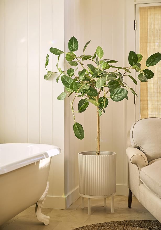 Veradek Demi Series Round Planter w/Stand for Porch/Patio | Durable Plastic-Stone Composite & Wooden Stand | Modern Décor for Tall Plants, Flowers