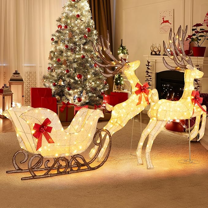 Tangkula 3-Piece Christmas Lighted Reindeer & Sleigh Set, 7 FT Lighted Xmas Holiday Outdoor Yard Decoration Set with Ground Stakes, Indoor & Outdoor Holiday Yard Display for Lawn, Garden
