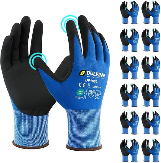 Safety Work Gloves MicroFoam Nitrile Coated-12 Pairs Pack,Blue Seamless Knit Nylon Glove with Black Micro-Foam Nitrile Grip,Ideal for General Purpose,Automotive,Home Improvement,Painting(Extra Large)