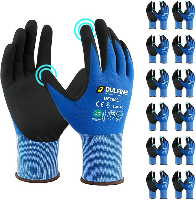 Safety Work Gloves MicroFoam Nitrile Coated-12 Pairs Pack,Blue Seamless Knit Nylon Glove with Black Micro-Foam Nitrile Grip,Ideal for General Purpose,Automotive,Home Improvement,Painting(Medium)