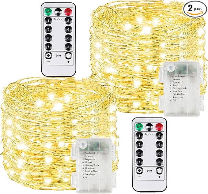 2 Pack 100LED Christmas Battery Operated Fairy Lights with Remote, 8 Modes String Lights with Timer, Dimmable, Memory Function, Waterproof Twinkle Lights for Outdoor Indoor Christmas Decor(Warm White)