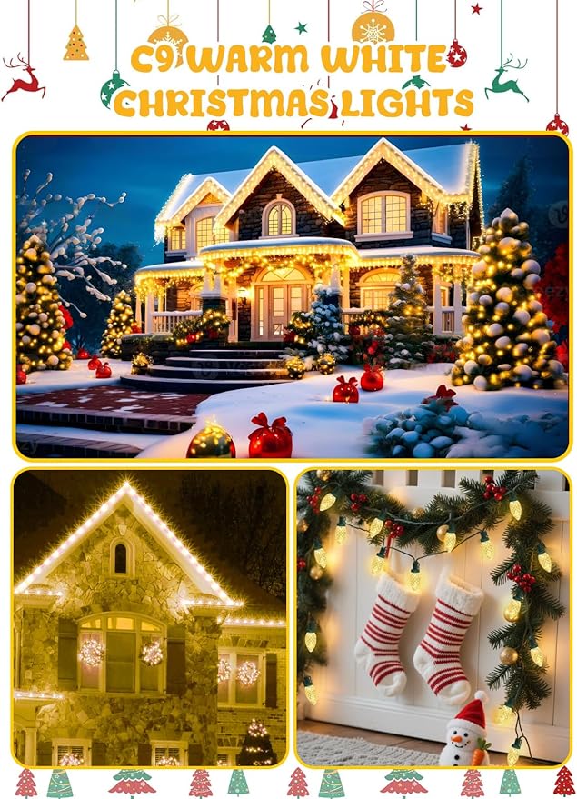 2-Pack C9 Christmas String Lights Plug in, 66 FT 100 LED Christmas Lights Connectable with 8 Modes & Timer, Waterproof Fairy Twinkle Light Indoor Outdoor for Xmas Tree Yard Decorations (Warm White)