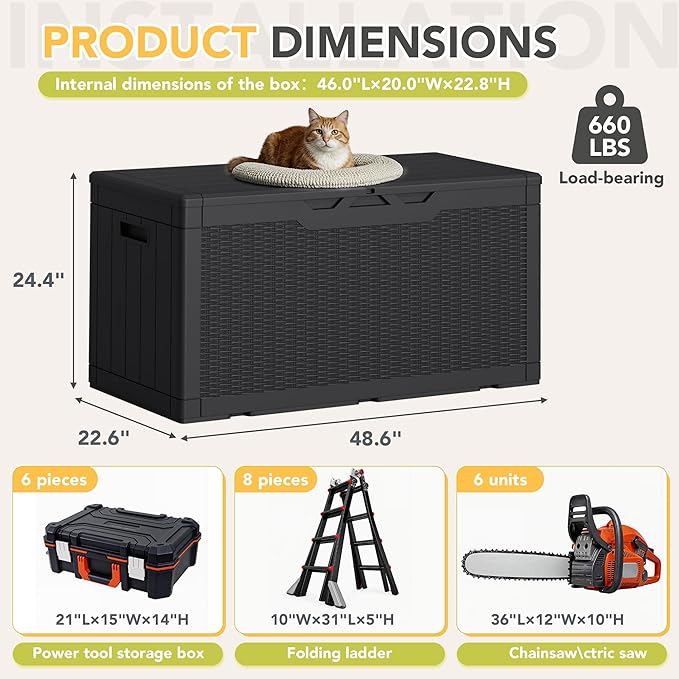 Greesum 100 Gallon Resin Deck Box Lockable Large Outdoor Storage Boxes for Garden Tools, Patio Furniture Cushions, Pool Supplies, Black