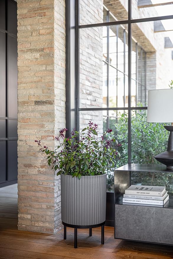 Veradek Demi Series Round Planter w/ Stand for Porch/Patio | Durable Plastic-Concrete & Wooden Stand | Modern Décor for Tall Plants, Flowers