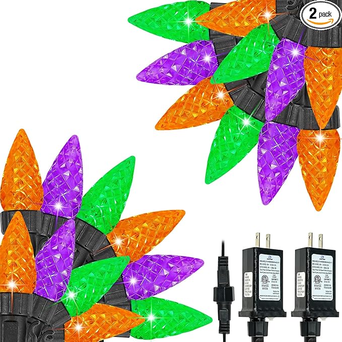 2 Pack C6 Halloween Lights Outdoor Indoor, Total 200 LED 66 FT Connectable Halloween String Lights with Timer & 13 Modes, Waterproof Twinkle Light for Horror Party Decor (Orange, Purple and Green)