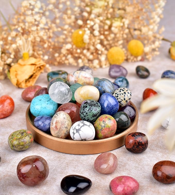 Polished Healing Crystal Stones Set – 36 Different Natural Gemstone Types, 2.5 lbs of 0.8" Tumbled Decorative Rocks for Chakra, Meditation, Reiki, Energy Work, Crafts, Gifts