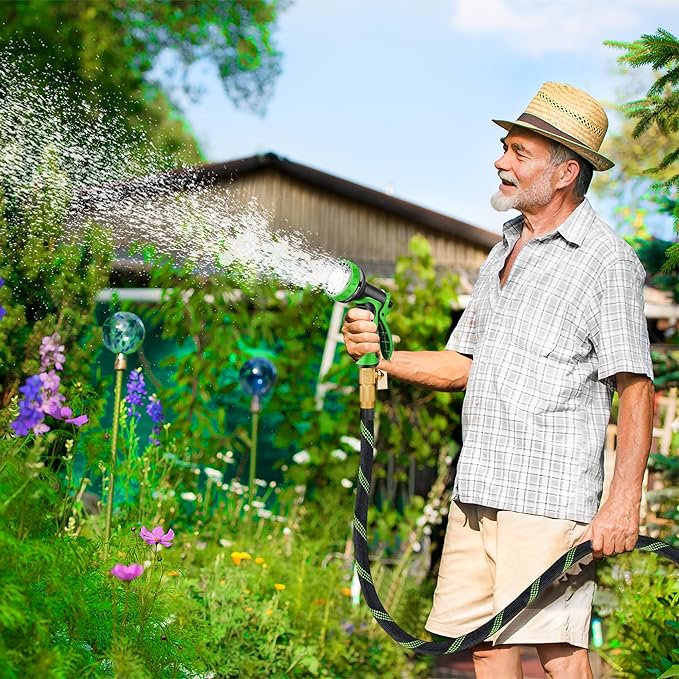 75 ft Garden Hose, 2025 Upgarded Flexible Water Hose 75ft With 10-Pattern Spray Nozzle, Kink-Free, Lightweight, Durable, Leak-Proof Solid Brass Fittings (Black & Green)