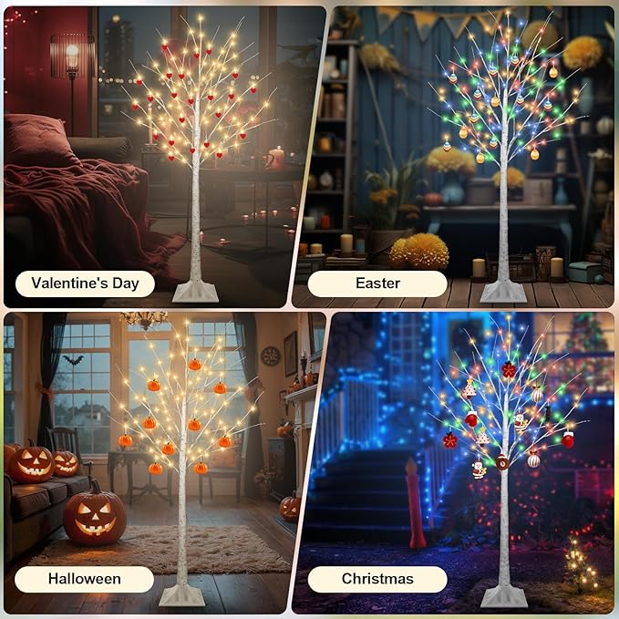 5FT Lighted Birch Tree with 90 LED Warm White and Multicolor Lights, 8 Modes, Timer Remote Faux Prelit Twig Christmas Tree with Lights for Indoor Outdoor Xmas Holiday Party Decoration