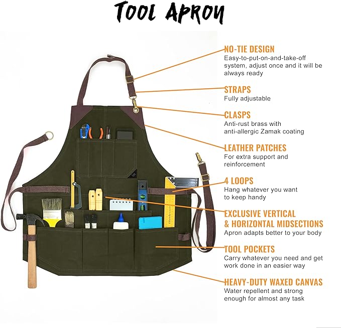Under NY Sky Tool Forest Green Apron – Heavy-Duty Waxed Canvas, Leather Reinforcement, Extra Pockets – Adjustable for Men and Women – Pro Mechanic, Woodworker, Blacksmith, Plumber, Electrician Aprons