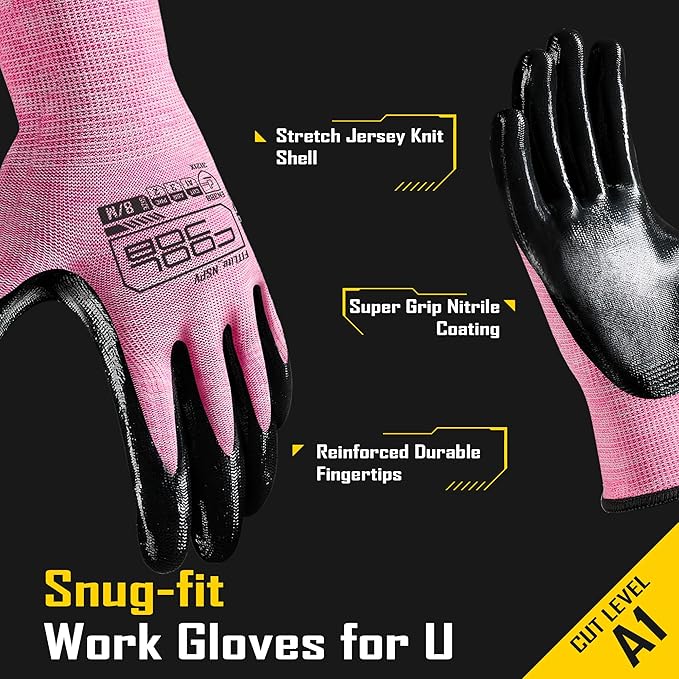COOLJOB 20 Pairs Nitrile Dipped Rubber Coated Safety Work Gloves with Grip, Non-slip Bulk Gardening Roofing Gloves for Ladies Women, Oil-resistant Gear for Package Handler, Warehouse Worker, Large