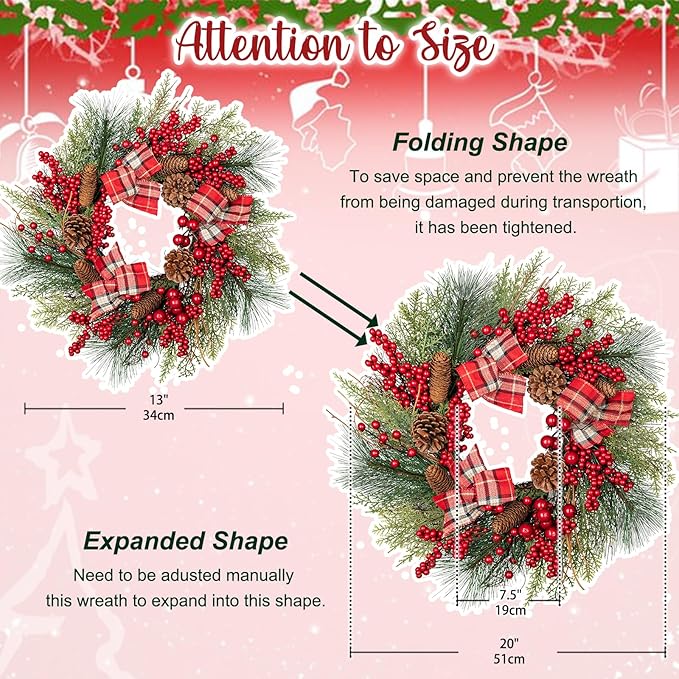 20 Inch Artificial Christmas Wreath with Red Berries, Pine Cones, Cedar Pine Needles, Bow Ties - Indoor/Outdoor Decoration for Front Door