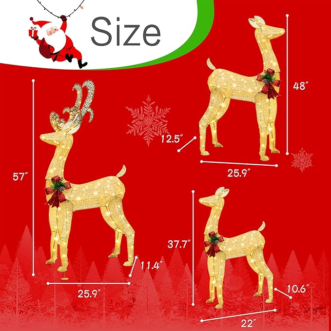 Shintenchi 3-Piece LED Lighted Christmas Deer Outdoor Yard Decorations, 3D Super Large Christmas Reindeer Decor, Outdoor Lighted Holiday Deer with 360 LED Displays for Front Yards Garden Lawn Patio