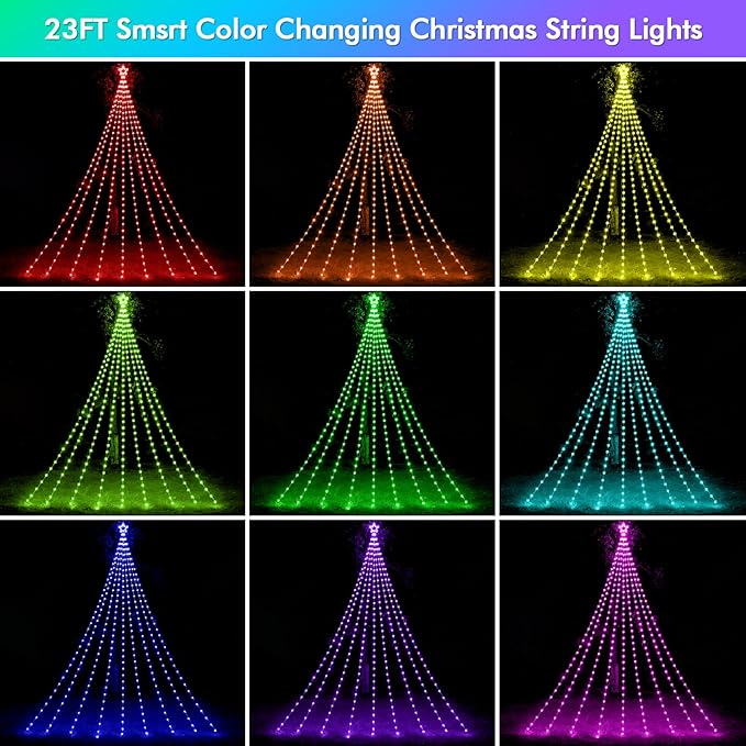 Outdoor Halloween Decorations 23FT RGB Color Changing Hanging Waterfall String Lights with Star, APP Remote Control, DIY Multi-Color Lightshow, Music Sync, Xmas Halloween Decor