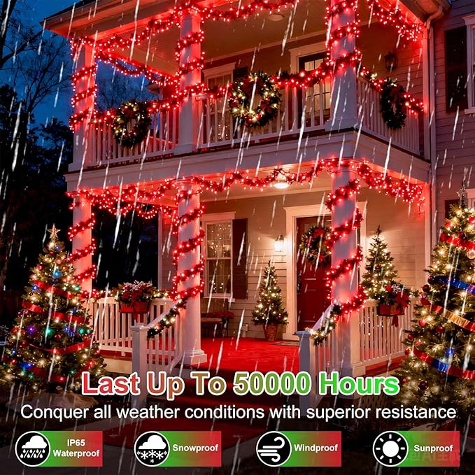 750 LED 256FT Christmas String Lights Outdoor, Christmas Light with 8 Lighting Modes& Timer & Memory, Plug in Outdoor Waterproof Clear Wire Twinkle Light for for Xmas Yard Tree Party Decor Red
