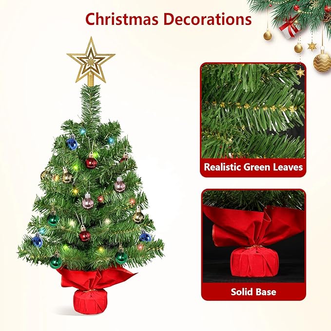 Uten Mini Christmas Tree 20 Christmas Balls and Small Christmas Tree Star, One Tree top Star 30 Warm White Lights 30 Colored Lights PVC with Cement Base Christmas Decorations for Home, Office, Party