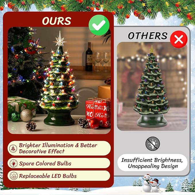 Lakumu 16.5" Table Top Christmas Tree, Hand Painted Resin Christmas Tree with Lights, Pre-lit Xmas Tree Decor Lighted Tabletop Decoration with Multicolored LED Bulbs, Ceramic-Like Finish