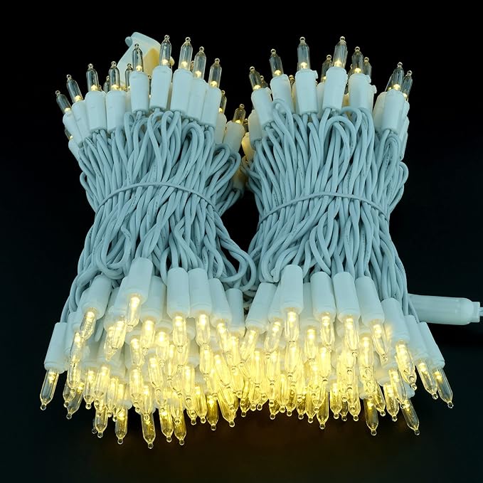 YULETIME 200 Warm White LED Christmas Lights, 66 Feet White Wire UL Certified Commercial Grade Holiday String Light Set