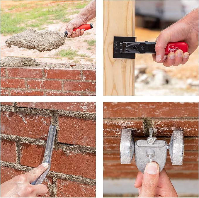 Goldblatt 12PC Masonry Hand Tool Set Organized in Tool Bag - Philadelphia/Pointing/Margin/Tuck Pointing Trowel, Skate Wheel Joint Raker, Convex Brick Jointer, String Line & Jag-clamp, Masonry Brush