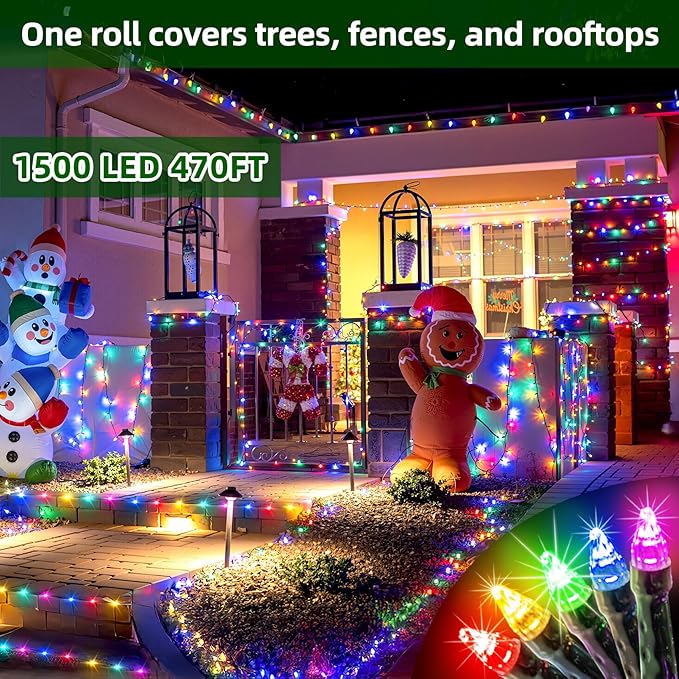 1500 LED 470FT Christmas Lights Outdoor,12 Lighting Modes Christmas String Lights with Timer, Dimmable Multicolor LED StringLights Waterproof for Yard Tree Halloween Wedding Party Holiday