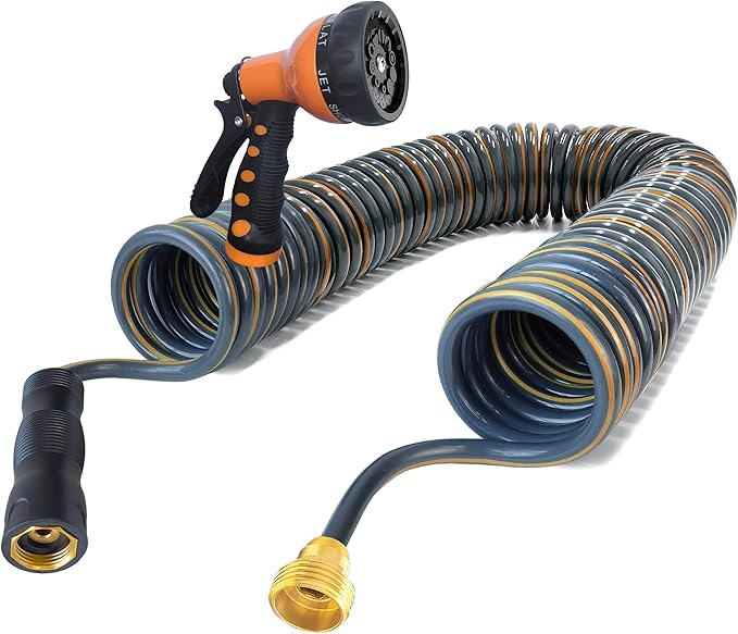 Coil Garden Hose 50 ft,3/8’’ Retractable EVA Coil Hose,Lightweight Recoil Garden Hose with Spray Nozzle, Spiral Water Hose for Boats, RV, House Cleaning, Yard, Gray Orange