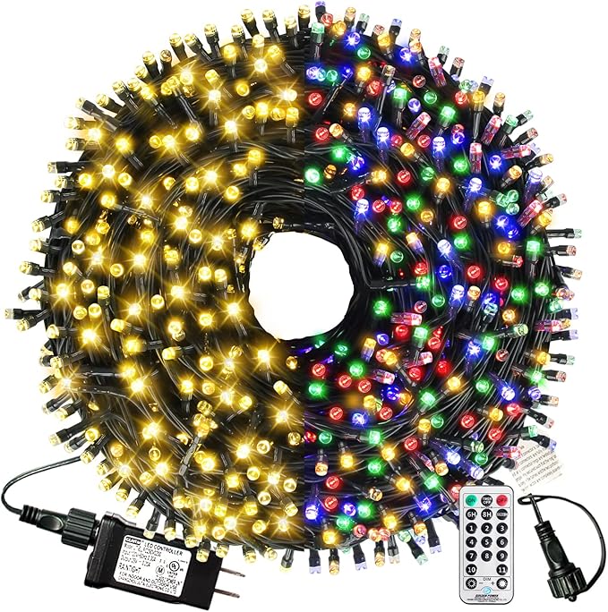 XTF2015 Christmas Outdoor Indoor Lights, 105ft 300 LED End to End Connected 9 Modes Timer Remote Christmas String Lights for Trees, Patio, Garden, Party, Wedding, Holiday (Warm White + Multicolor)