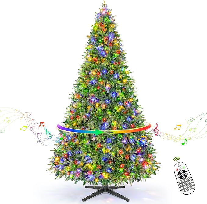6.5ft Prelit Rotating Artificial Christmas Tree with Remote Timer & Dimmer, 340 Multi-Color LED Lights 1036 PE & PVC Branches for Holiday Decor