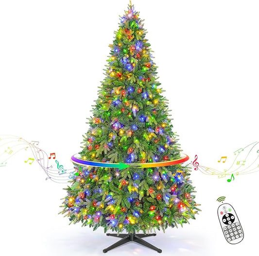 6.5ft Prelit Rotating Artificial Christmas Tree with Remote Timer & Dimmer, 340 Multi-Color LED Lights 1036 PE & PVC Branches for Holiday Decor