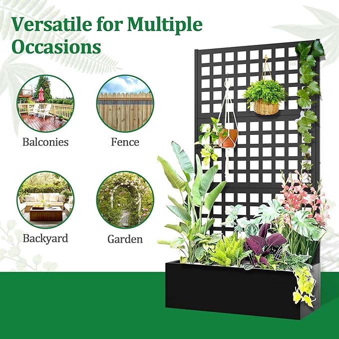 Metal Raised Garden Bed with Trellis, 2 in 1 Trellis with Planter Box & Privacy Screen for Climbing Plants, Vine, Outdoor Standing Flower Beds with Drainage Holes, 35.4"L x 16.7"W x 70.8"H, Black