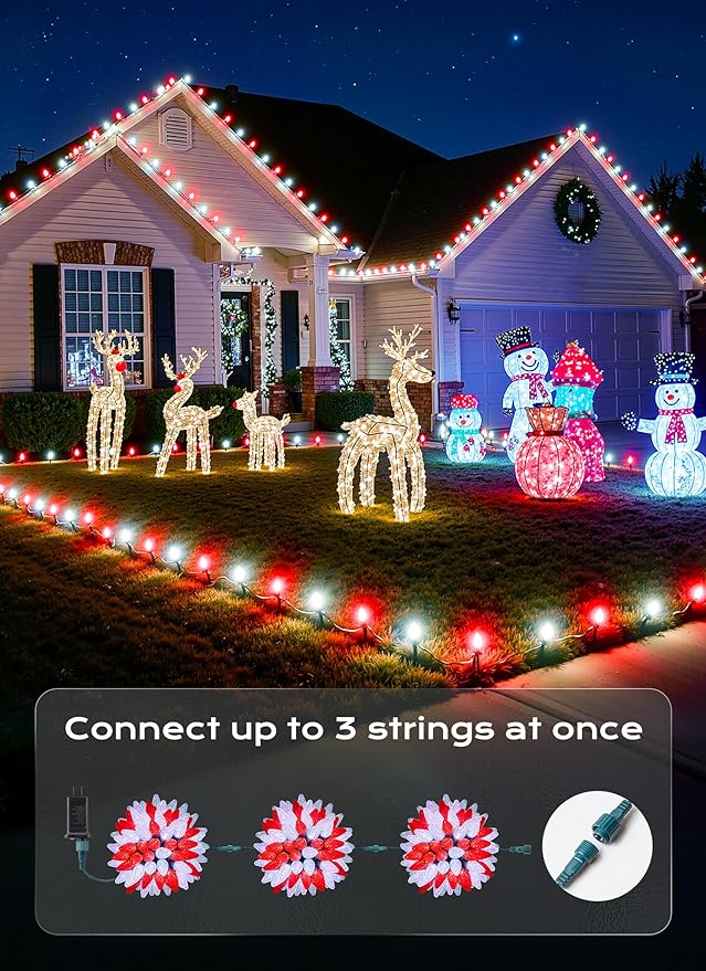 C9 Outdoor Christmas Lights, 72 FT 110 LED C9 String Lights, 8 Modes & Timer Extendable Waterproof for Christmas Tree Indoor Outdoor Roofline Patio Outside Garden Backyard Xmas Decor, Red White 2 Pack